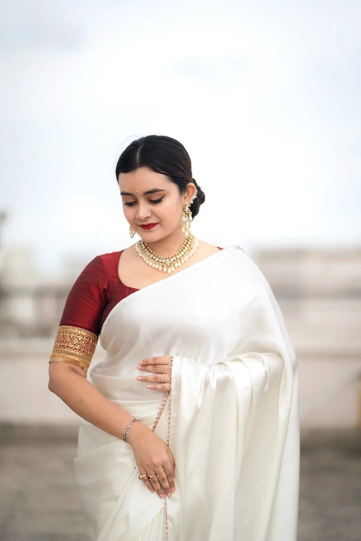 Cream Satin Silk Taj Mahal Saree - kreationbykj