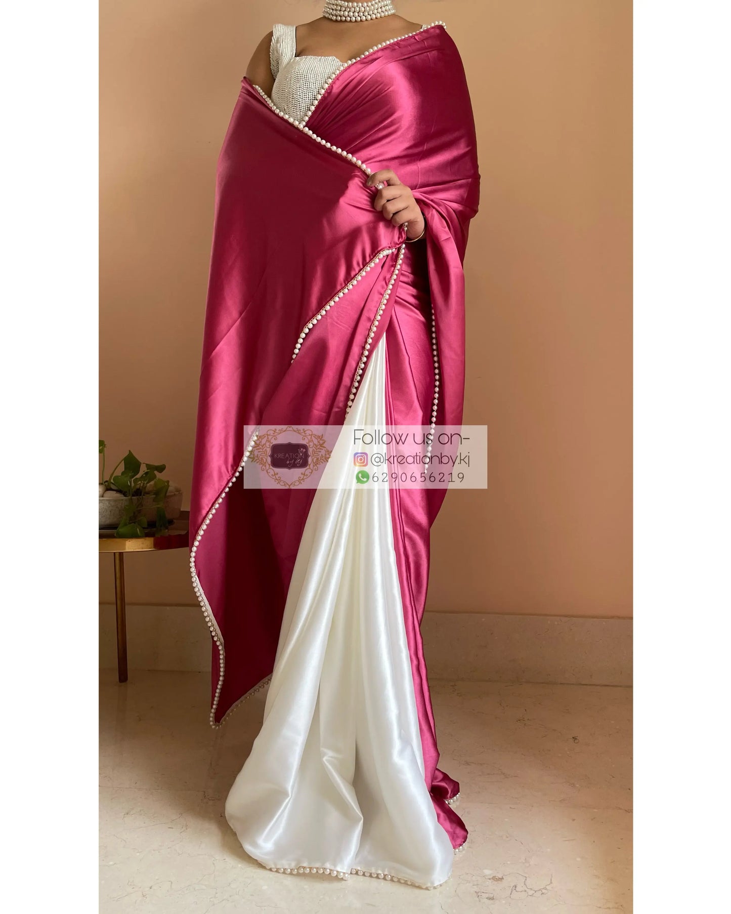 Pink Carnations Two in One Satin Saree - kreationbykj