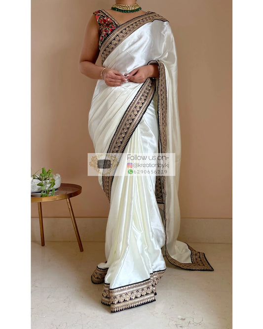 Cream Satin Silk Saree with Navy Border - kreationbykj