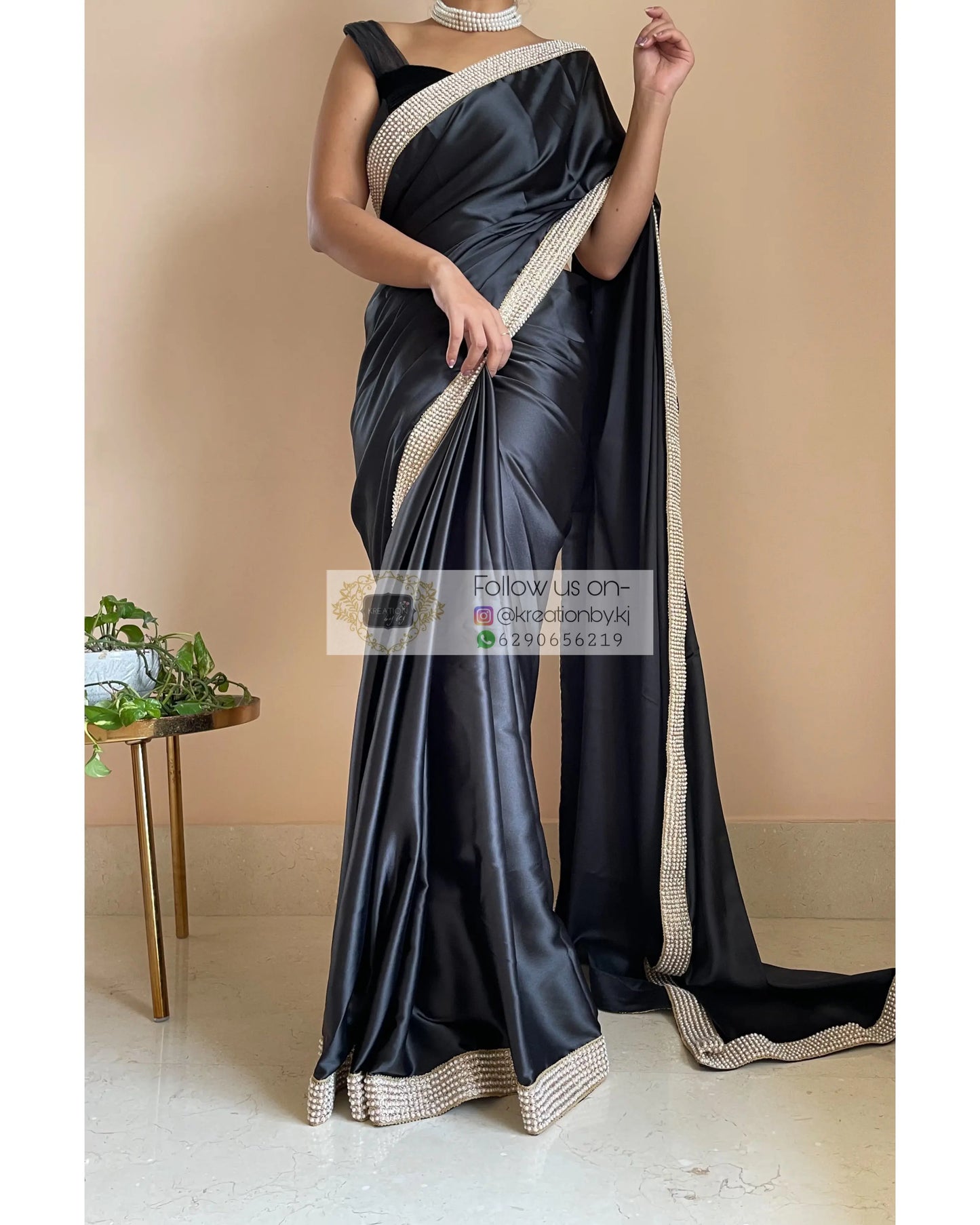 Black Mother Of Pearl Saree - kreationbykj