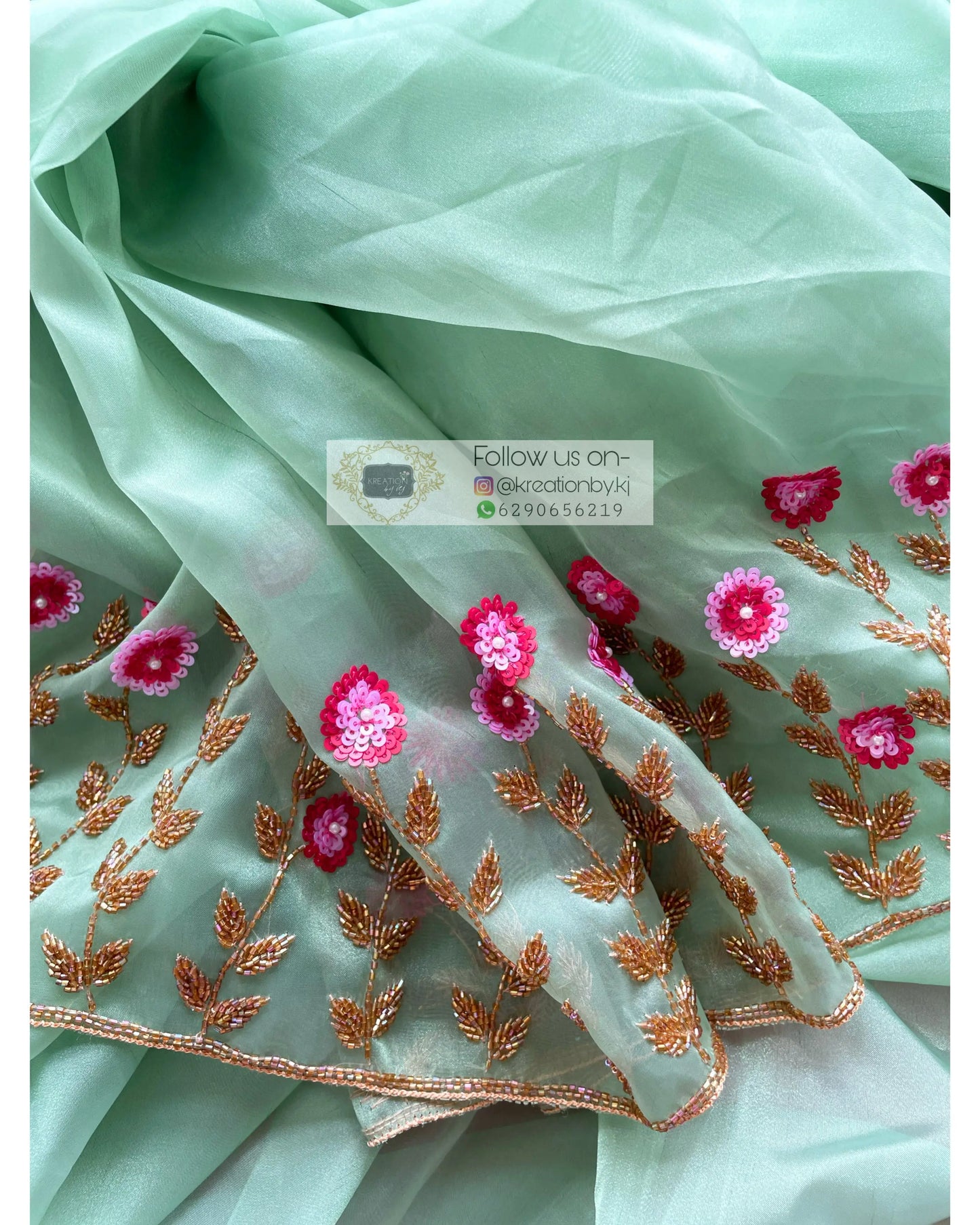 Blooming Daisies Mint Organza Saree - kreationbykj