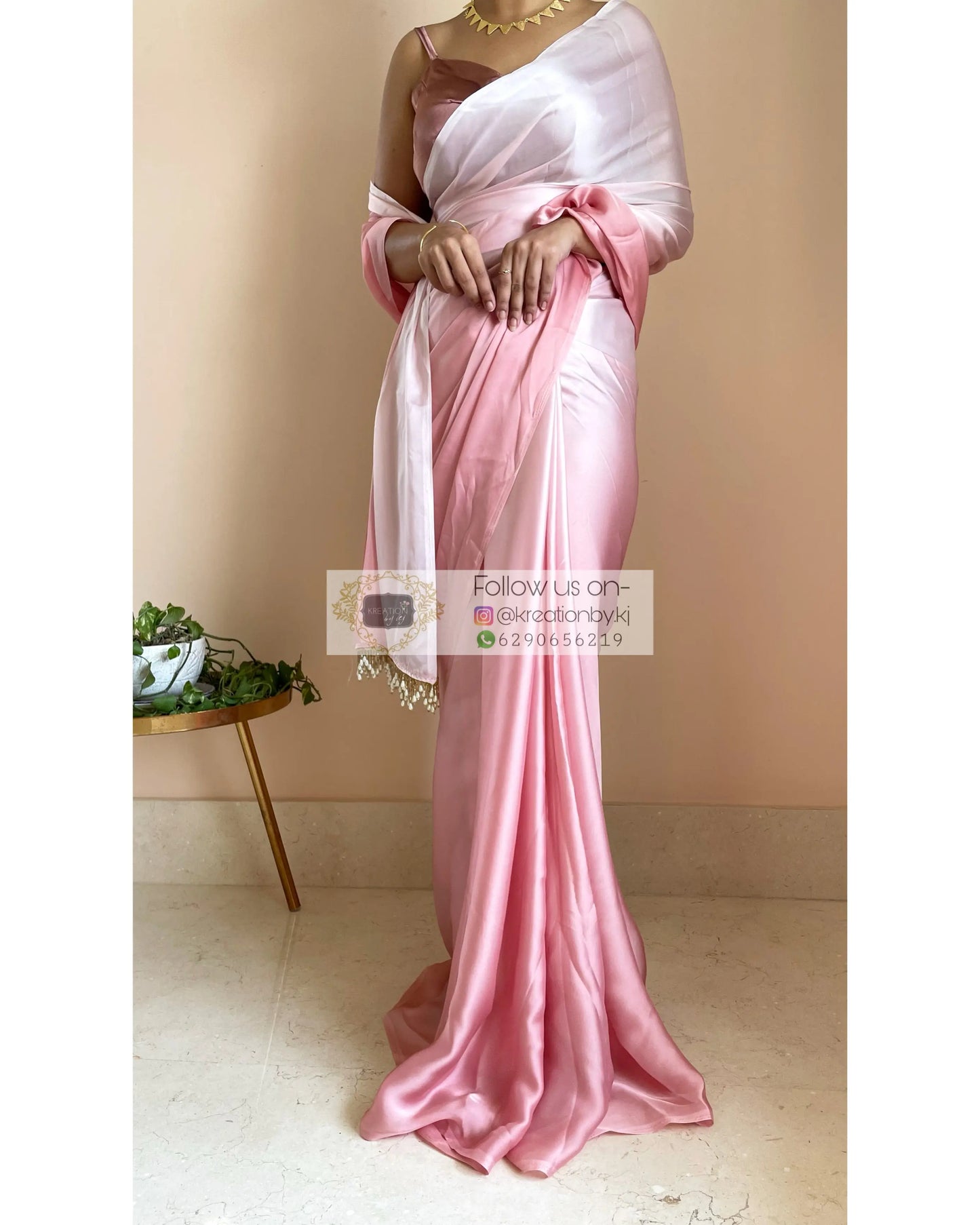 Strawberry Ombré Crepe Silk Saree with Handmade Tassels on Pallu - kreationbykj