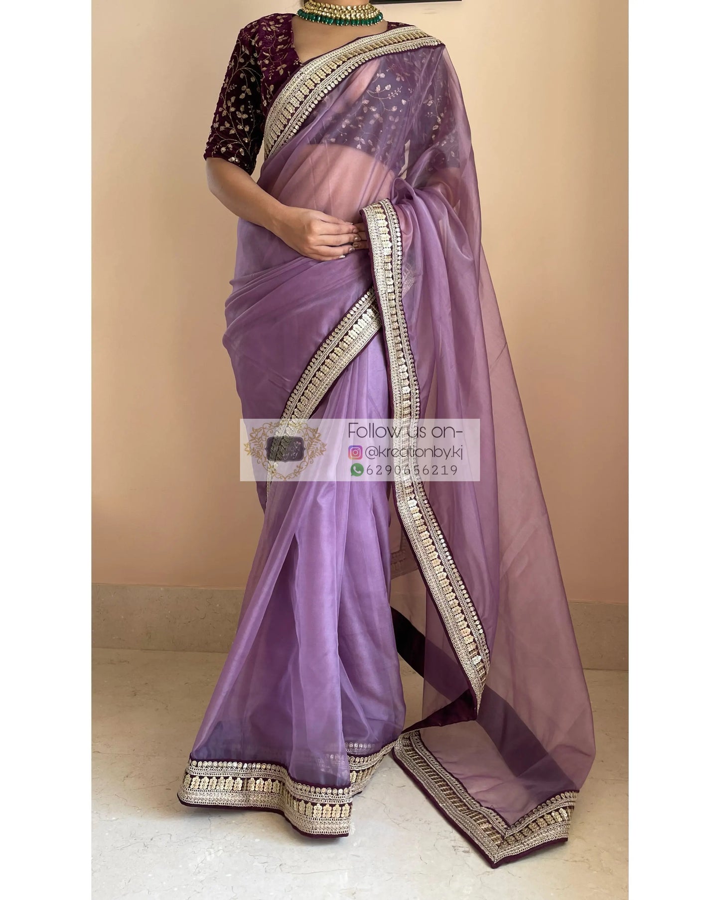 Light Purple Organza Saree with Wine Border - kreationbykj