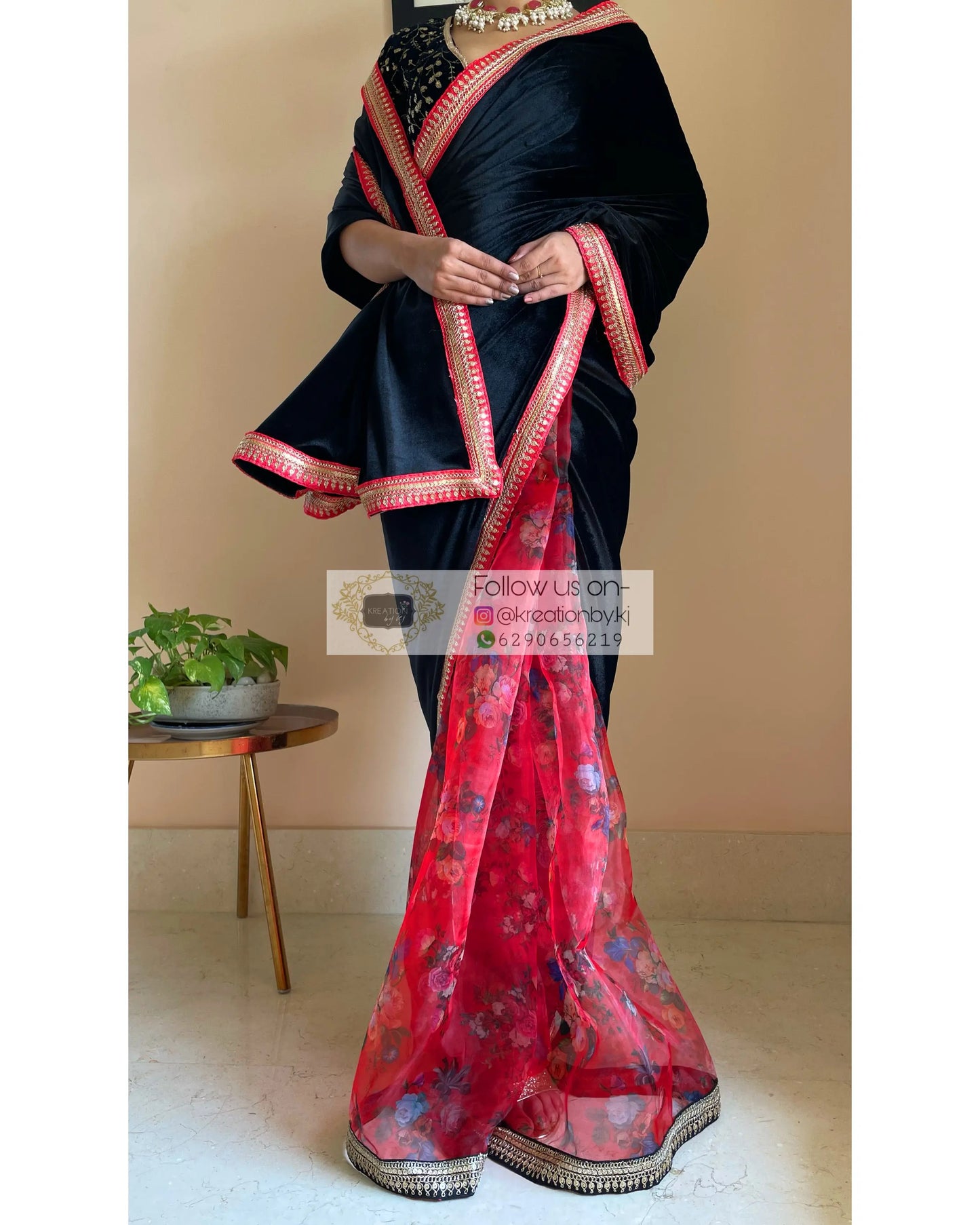 Black Floral Organza Velvet Saree - kreationbykj