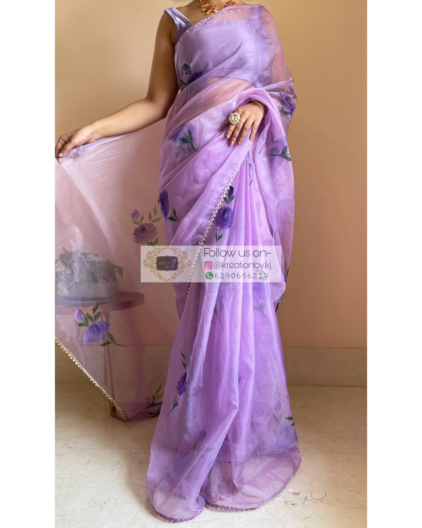 Lavender Floral Organza Saree - kreationbykj