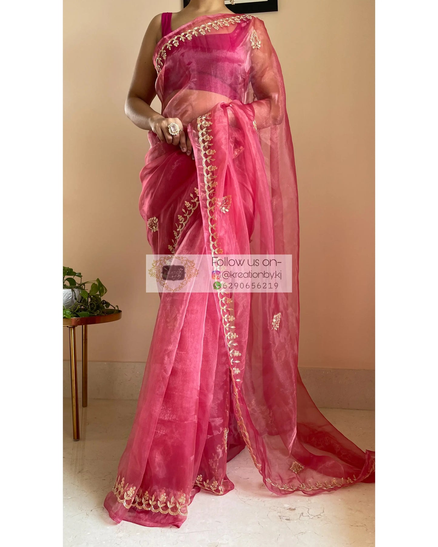 Pink Glass Tissue Saree with Gota Patti border - kreationbykj