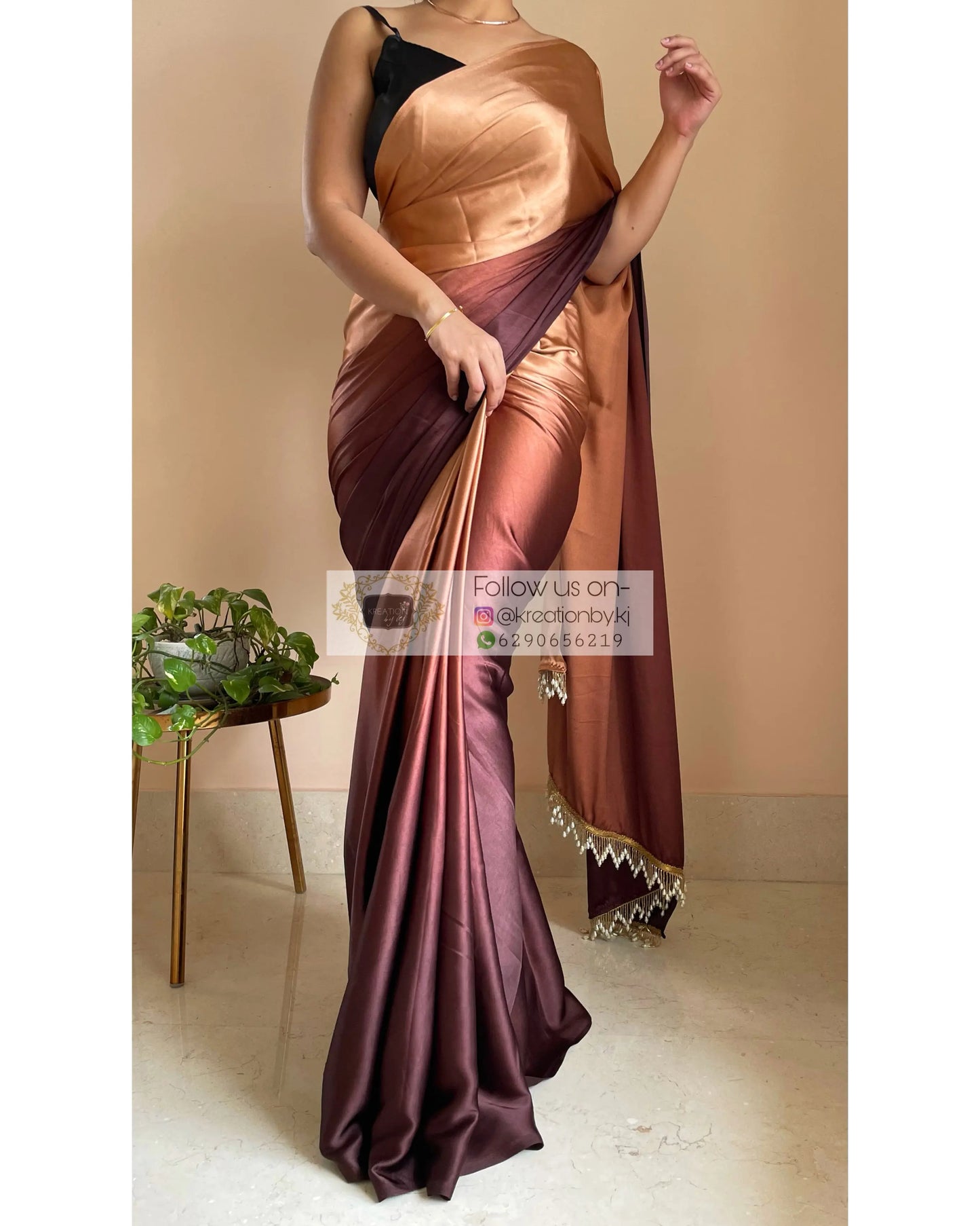 Coffee Eclair Ombré Crepe Silk Saree with Handmade Tassels on Pallu - kreationbykj