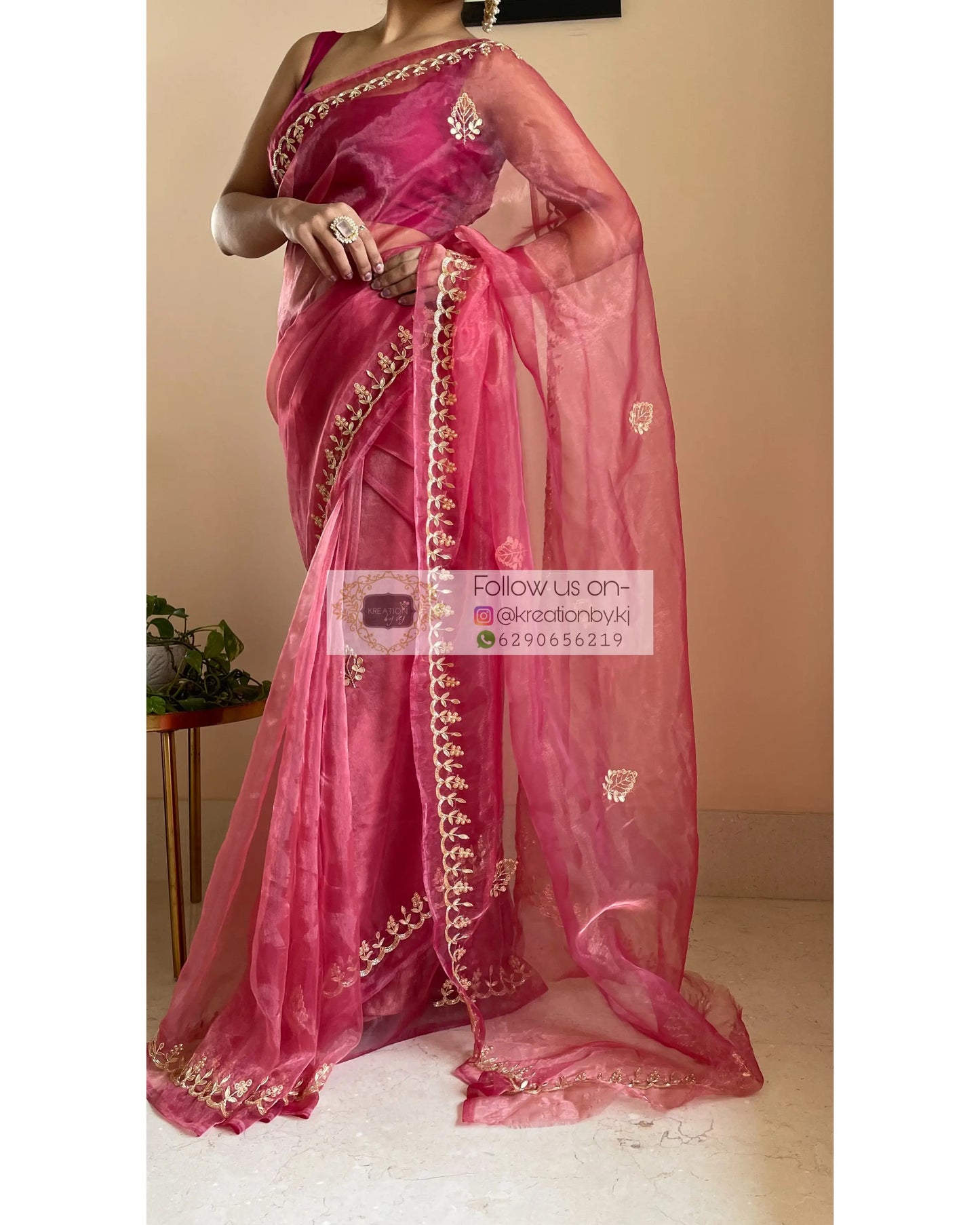 Pink Glass Tissue Saree with Gota Patti border - kreationbykj