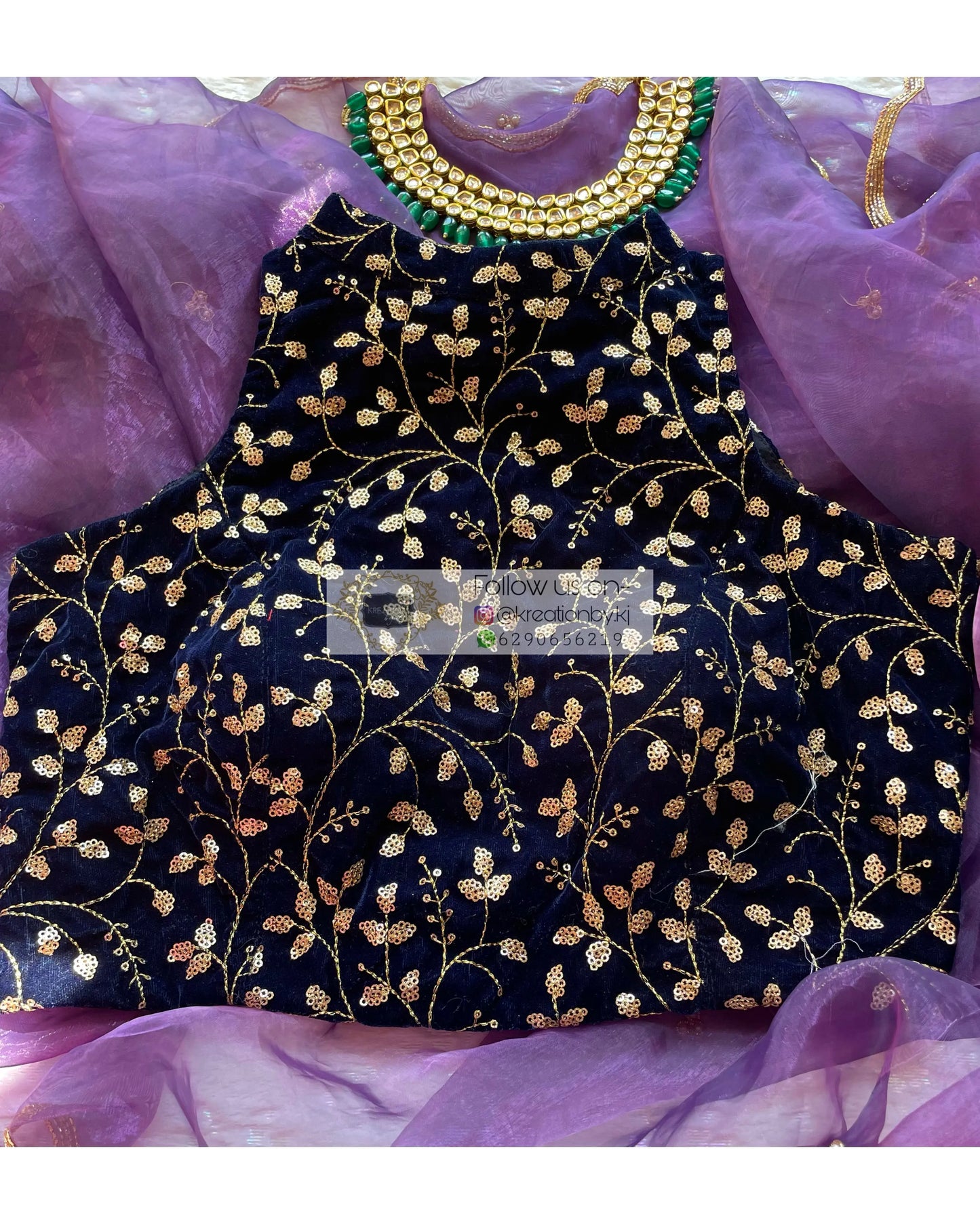 Navy Blue Velvet Halter Neck Blouse - kreationbykj