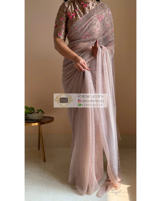 Muddy Beige Shimmer Pleated Net Saree - kreationbykj