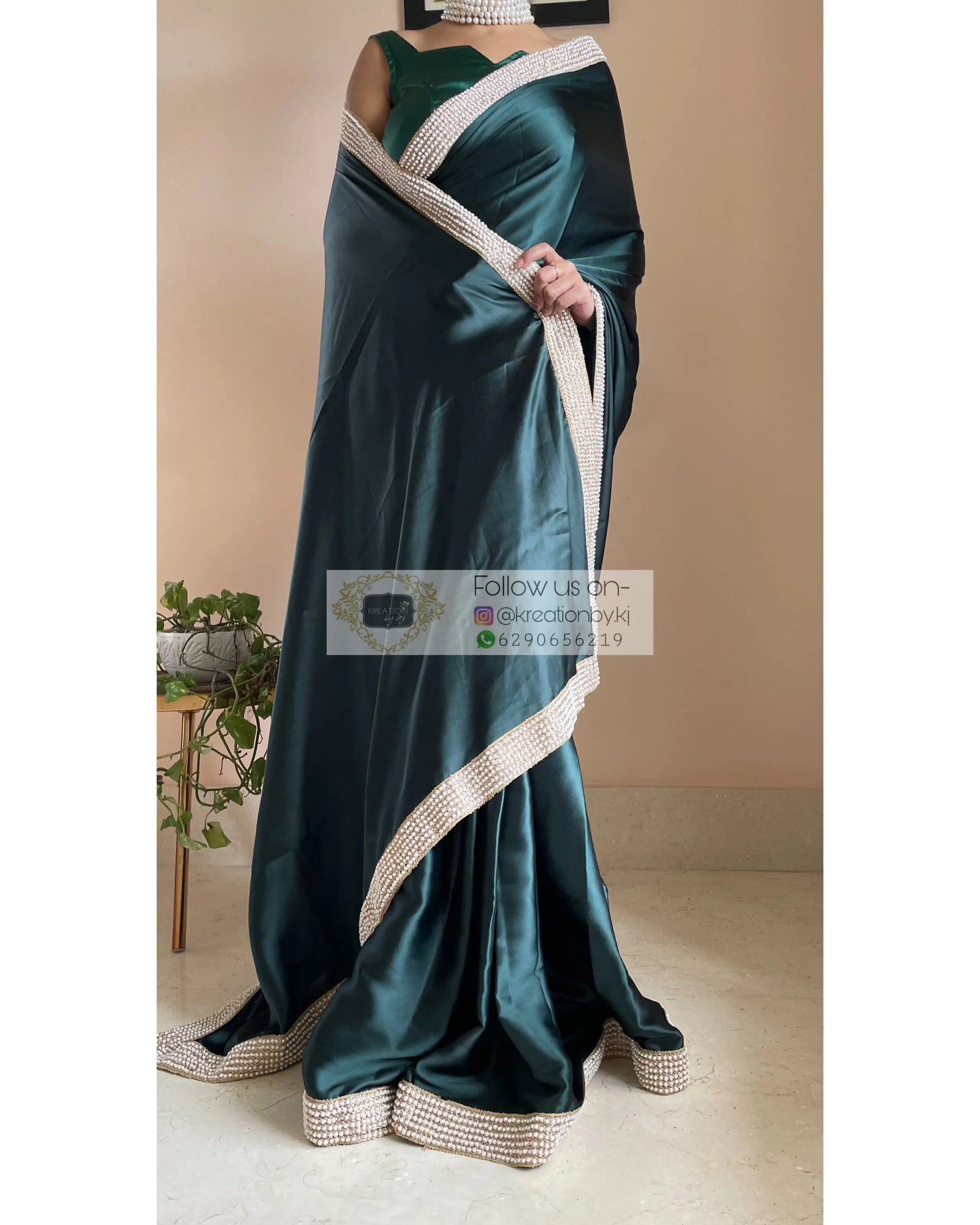 Dark Blackish Green Mother Of Pearl Saree - kreationbykj