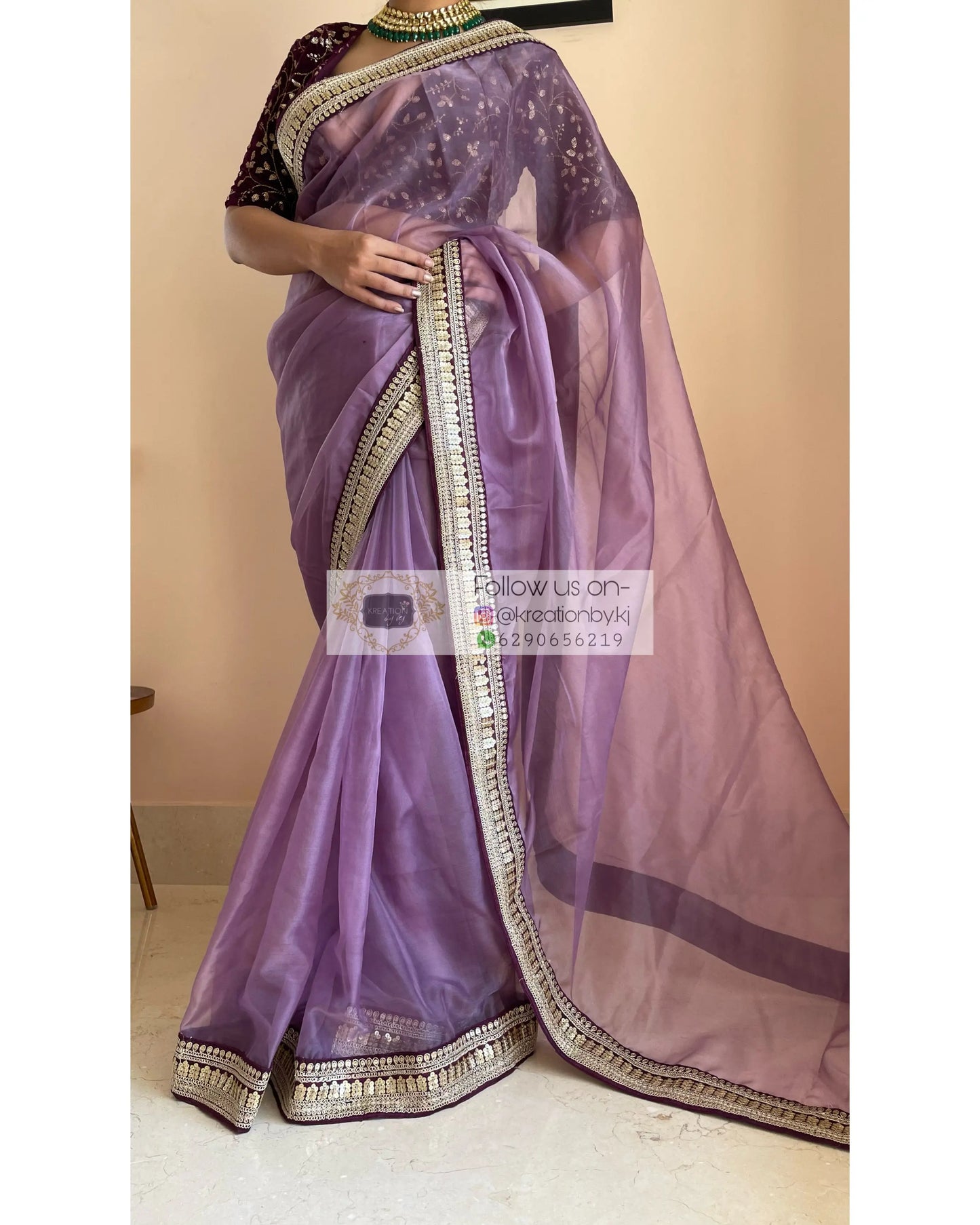 Light Purple Organza Saree with Wine Border - kreationbykj