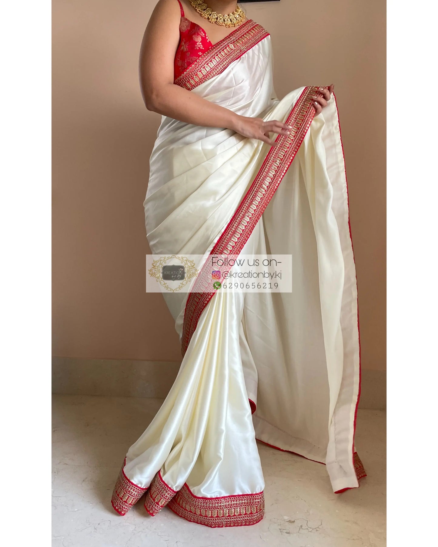 Cream Satin Saree with Red Border - kreationbykj