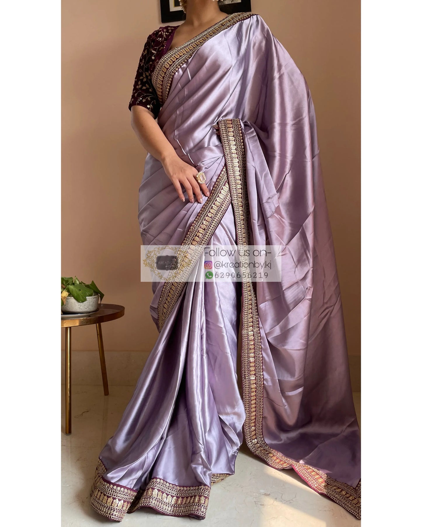Dull Lavender Satin Saree with Wine Border - kreationbykj