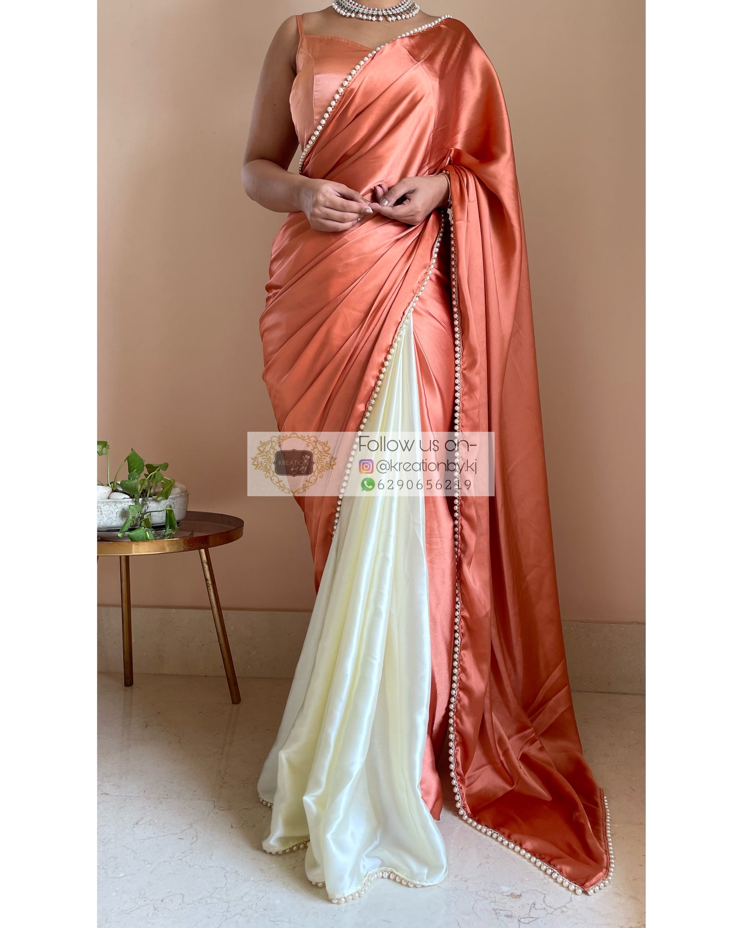 Peach Milk Two in One Satin Saree - kreationbykj