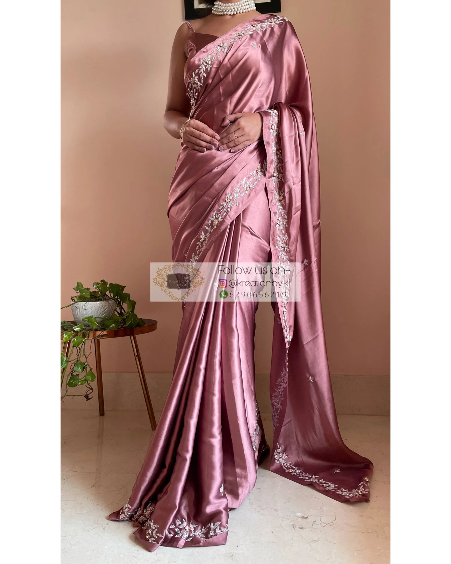 Rose Gold Satin Silk Chandani Saree - kreationbykj