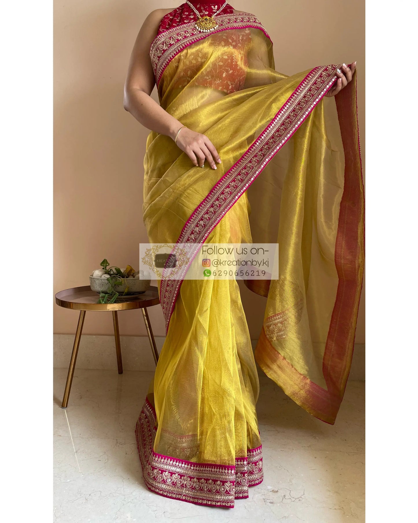 Gold Tissue Silk Saree with Fuschia Border - kreationbykj