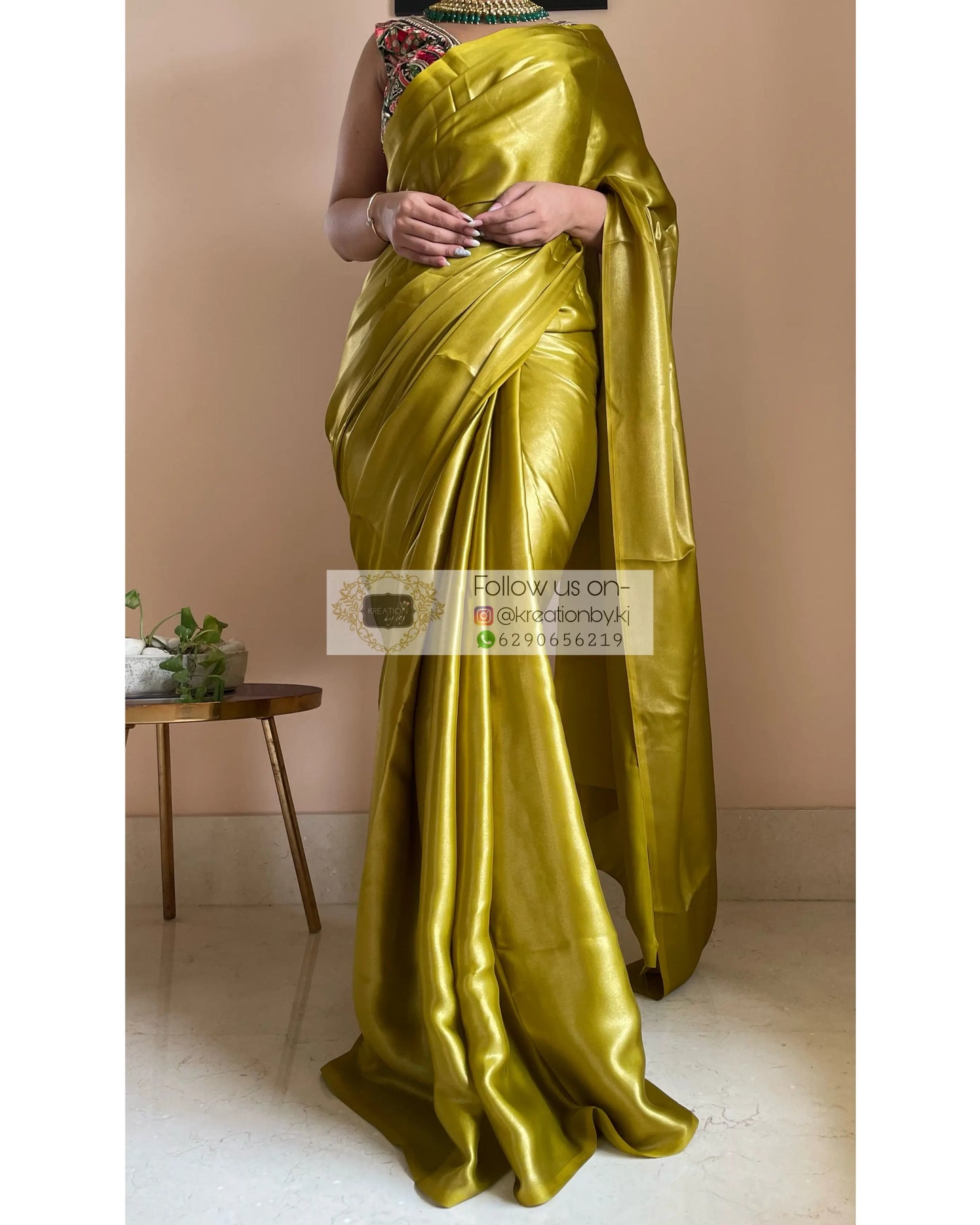 Mehendi Green Shimmer Satin Saree - kreationbykj