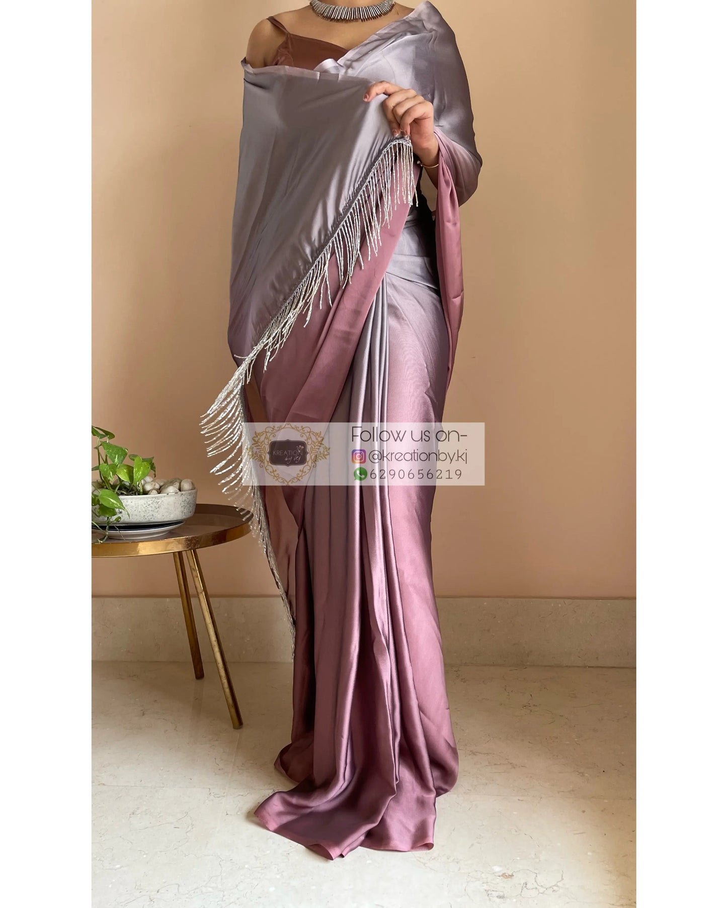 Grey-Rose Gold Ombré Saree withe Handmade Tassels on Pallu - kreationbykj