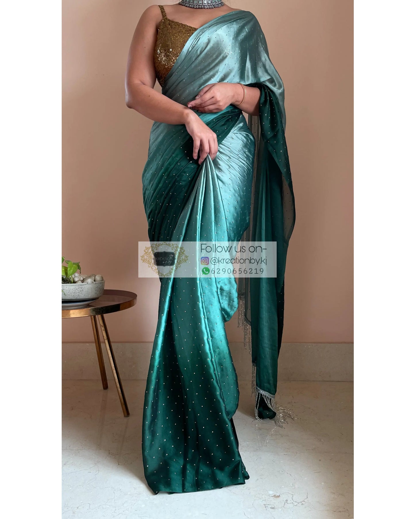 Ombré Emerald Green Saree with Stone Work - kreationbykj