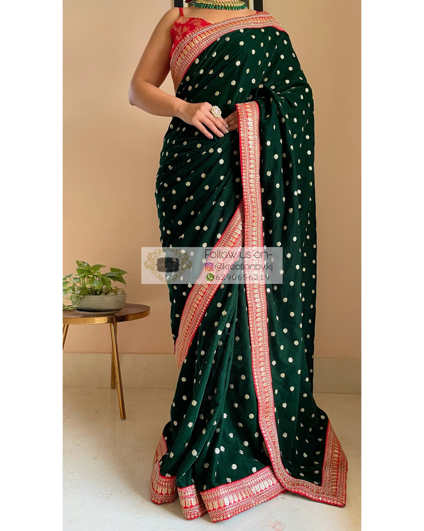 Bottle Green Velvet Saree with Border - kreationbykj