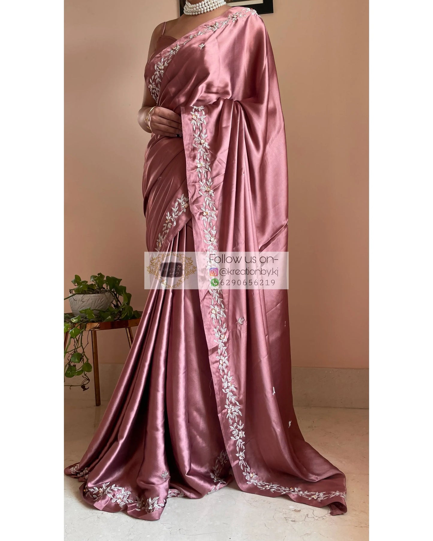 Rose Gold Satin Silk Chandani Saree - kreationbykj