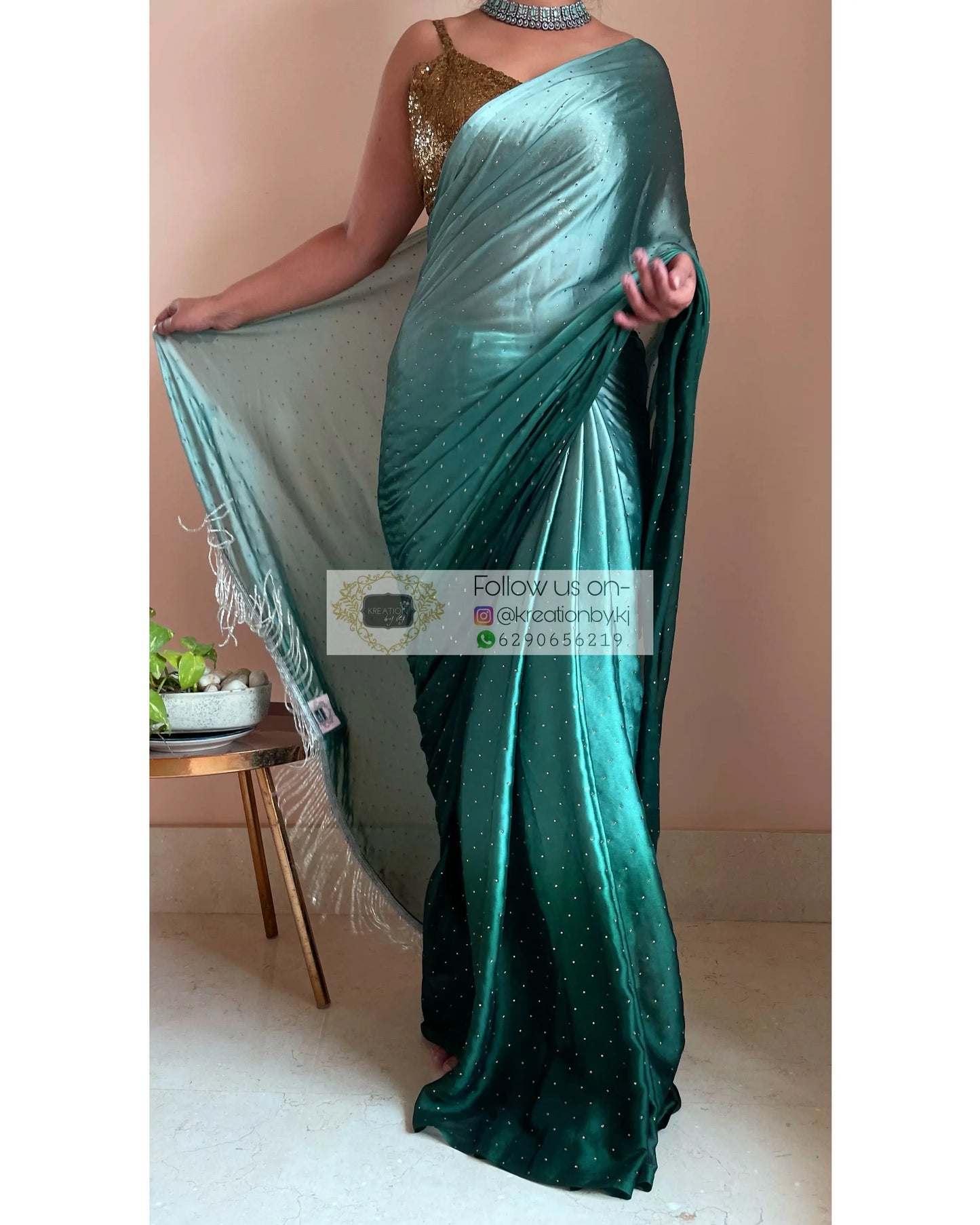 Ombré Emerald Green Saree with Stone Work - kreationbykj