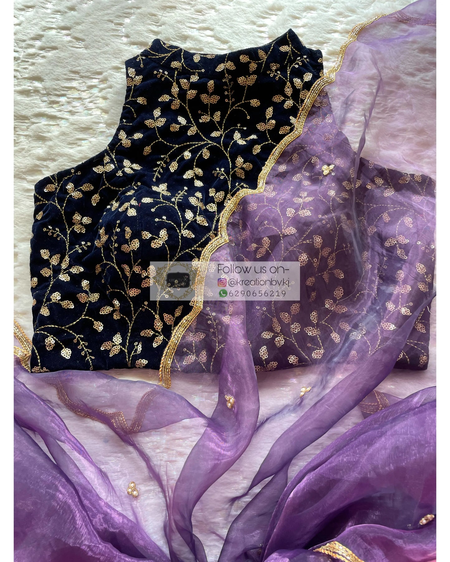 Navy Blue Velvet Halter Neck Blouse - kreationbykj