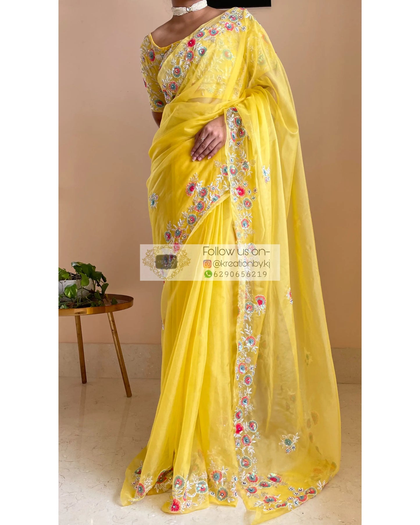 Yellow Organza Saree with Heavy Blouse - kreationbykj