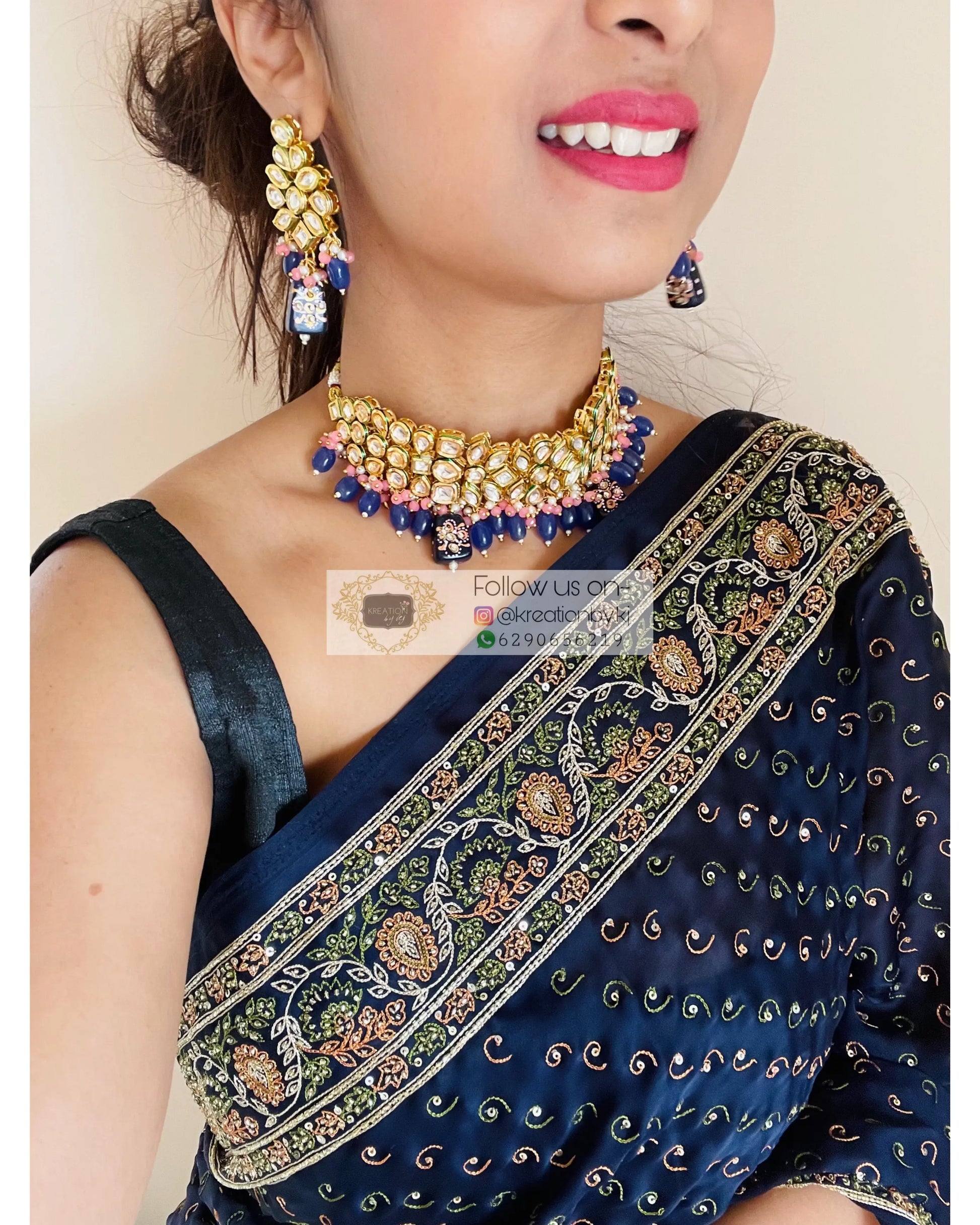 Navy Blue Bridal Handembroidered Saree - kreationbykj
