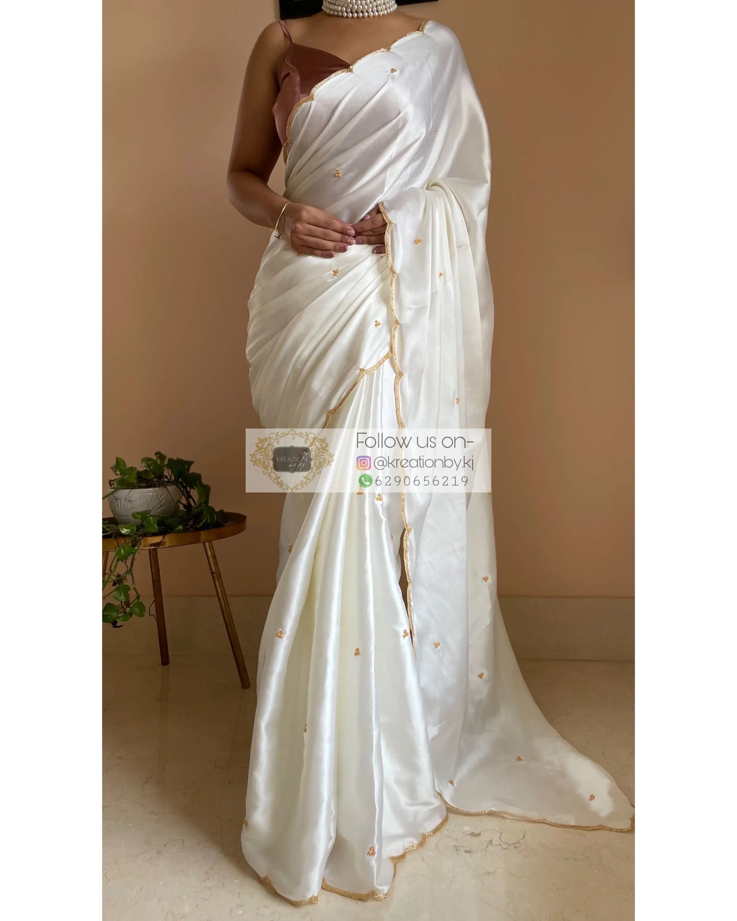 Cream Satin Silk Saree with Handembroidered Scalloping - kreationbykj