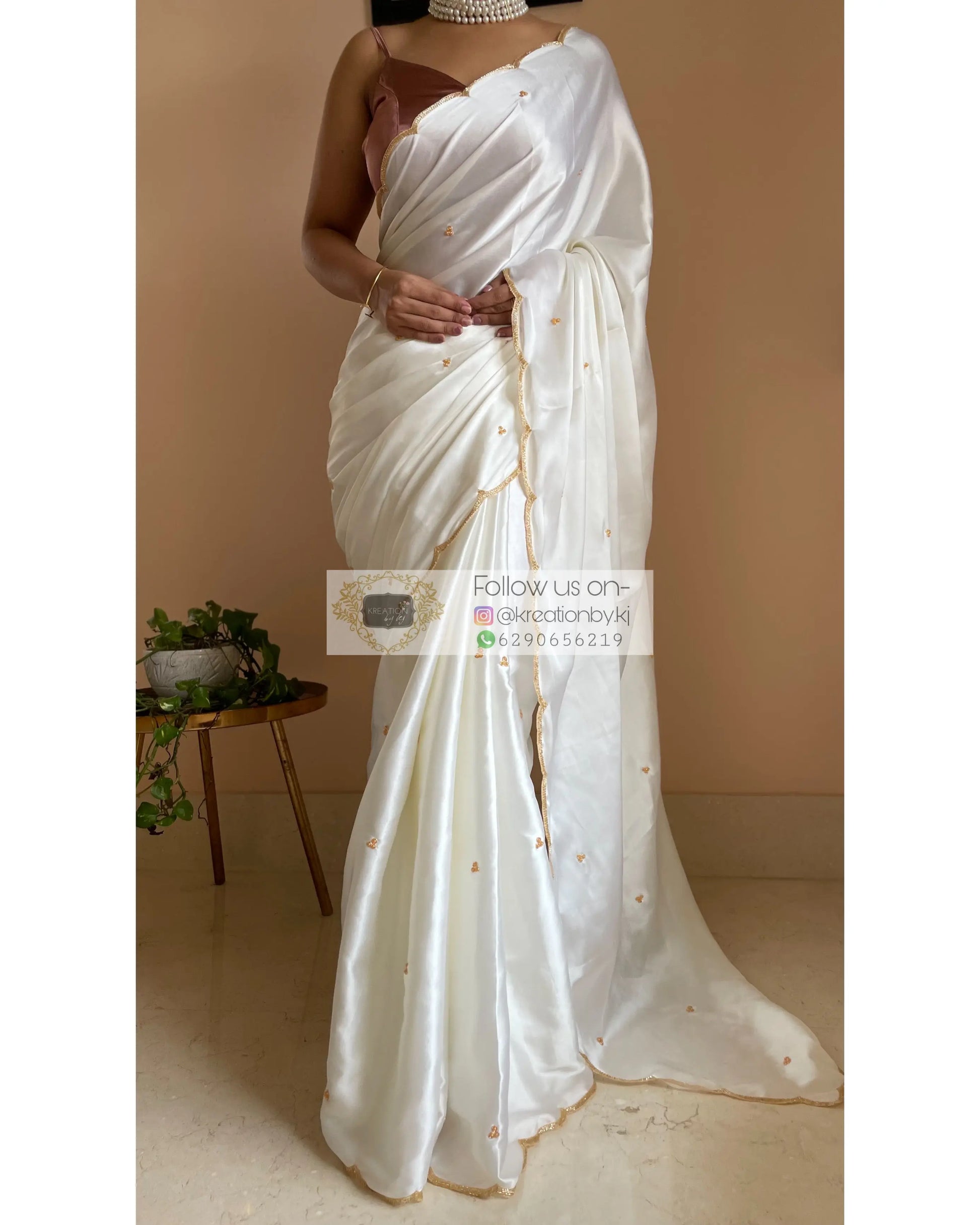 Cream Satin Silk Saree with Handembroidered Scalloping - kreationbykj