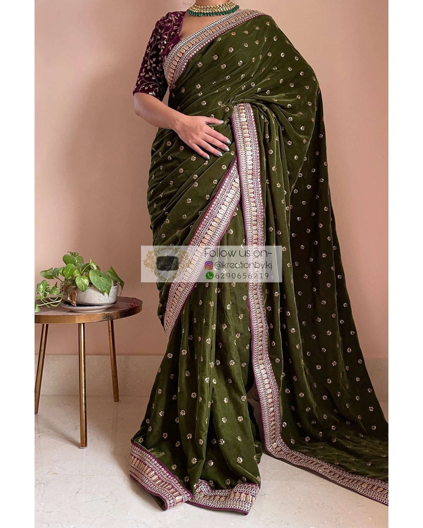 Mehendi Green Velvet Saree with Border - kreationbykj