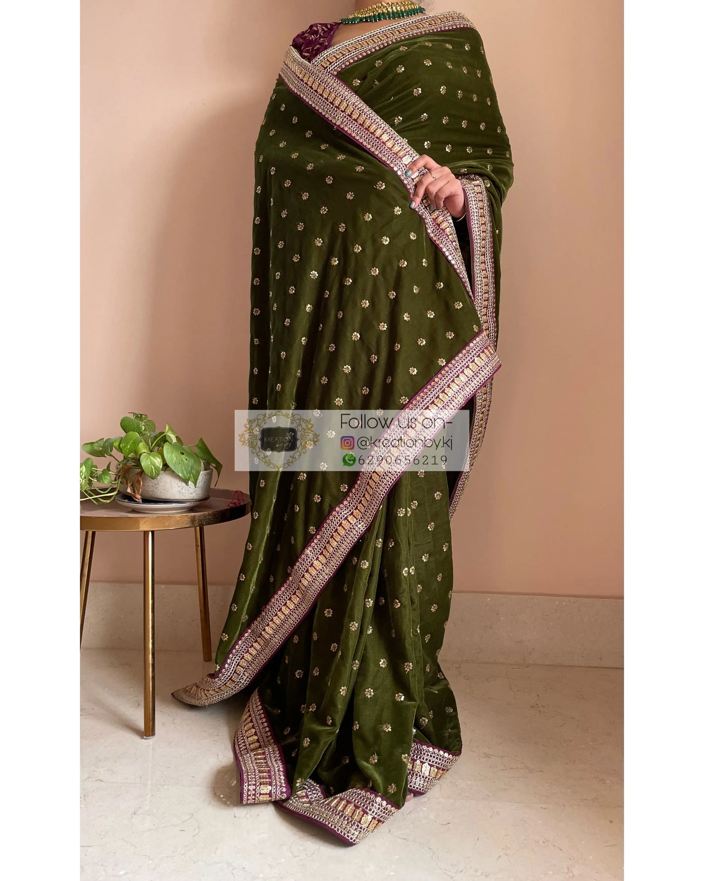 Mehendi Green Velvet Saree with Border - kreationbykj