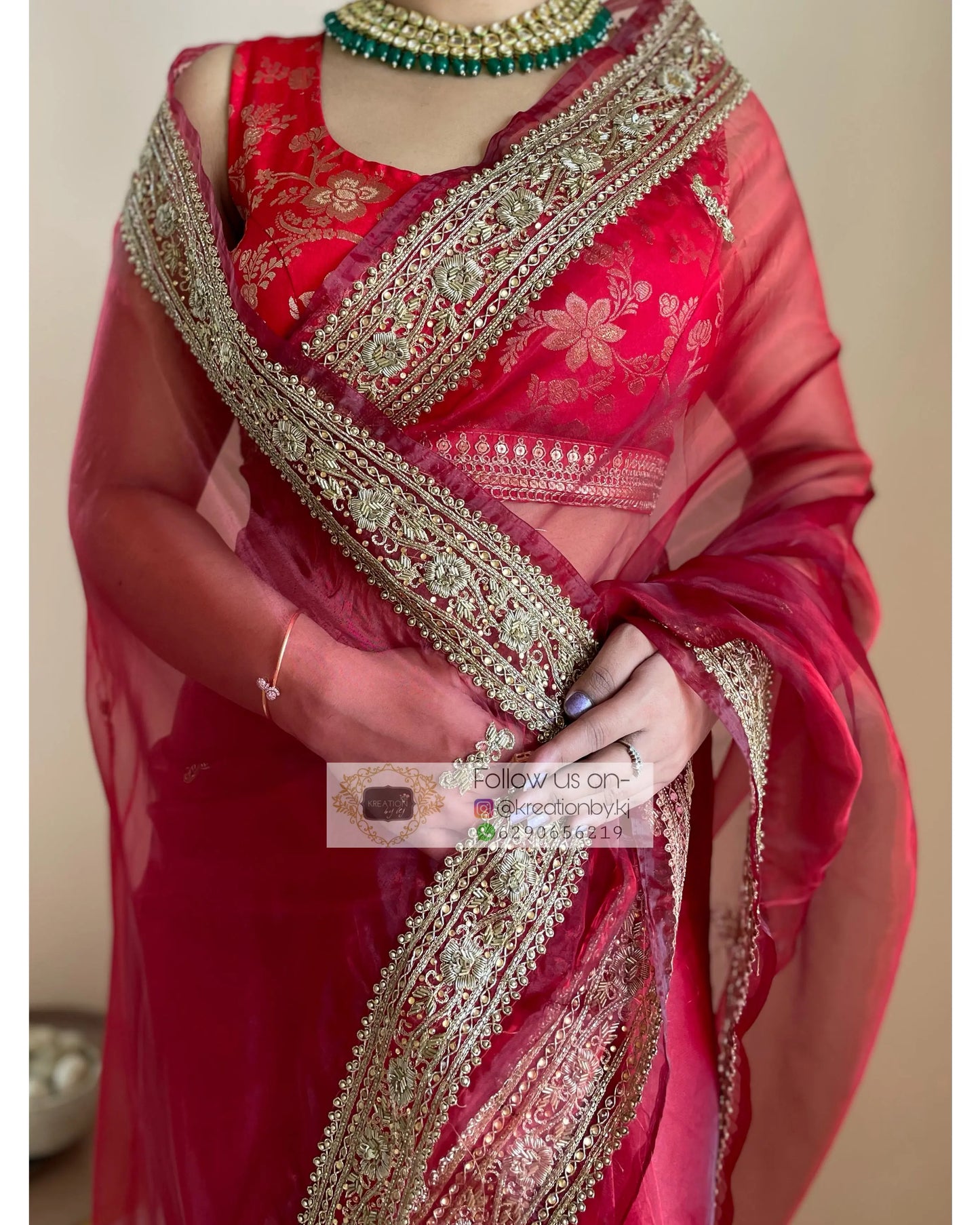 Red Glass Tissue Zarina Saree - kreationbykj