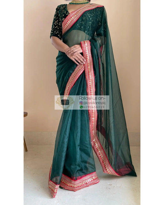 Bottle Green Organza with Red Border - kreationbykj