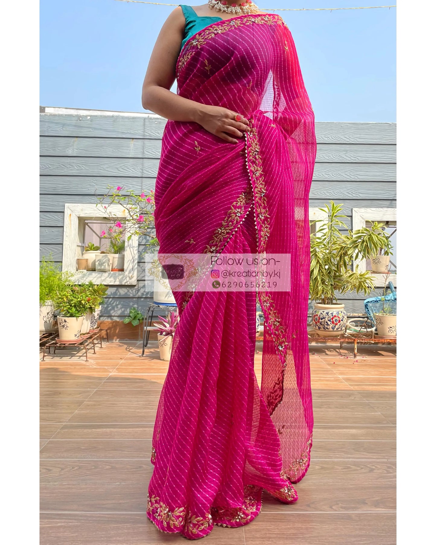 Hot Pink Chandani Leheriya Saree - kreationbykj