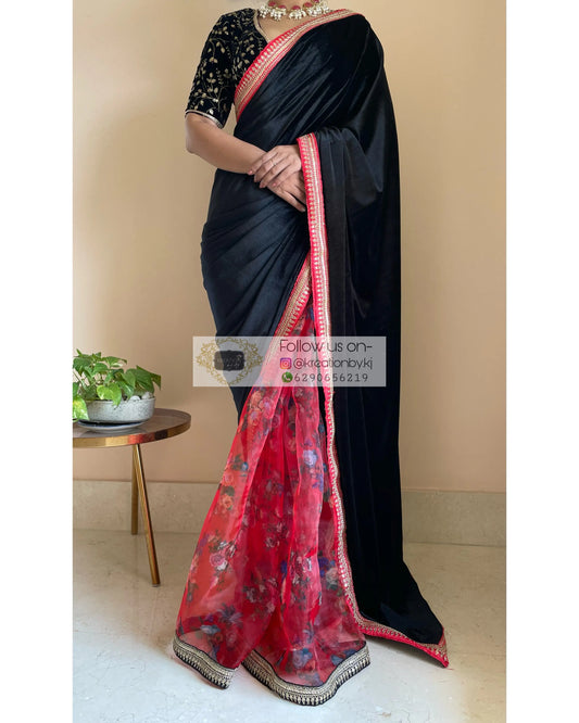 Black Floral Organza Velvet Saree - kreationbykj