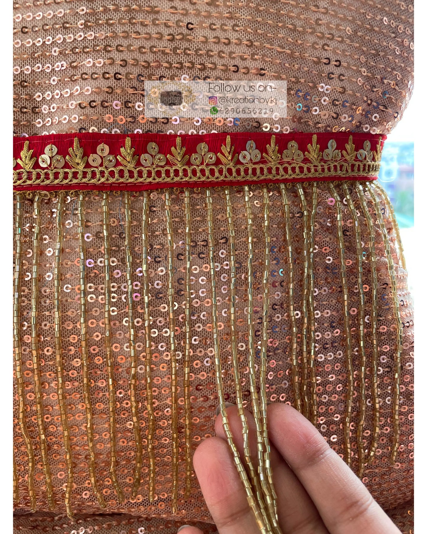 Red Sequins and Zari Waist Belt with Cutdana Tassels - kreationbykj