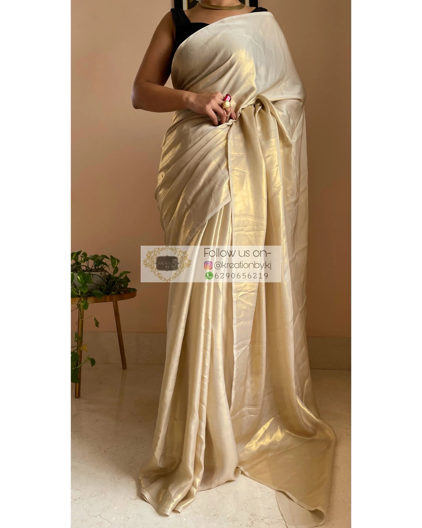 Beige Shimmer Satin Saree - kreationbykj