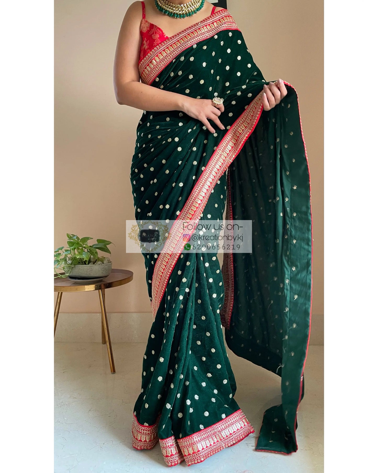 Bottle Green Velvet Saree with Border - kreationbykj