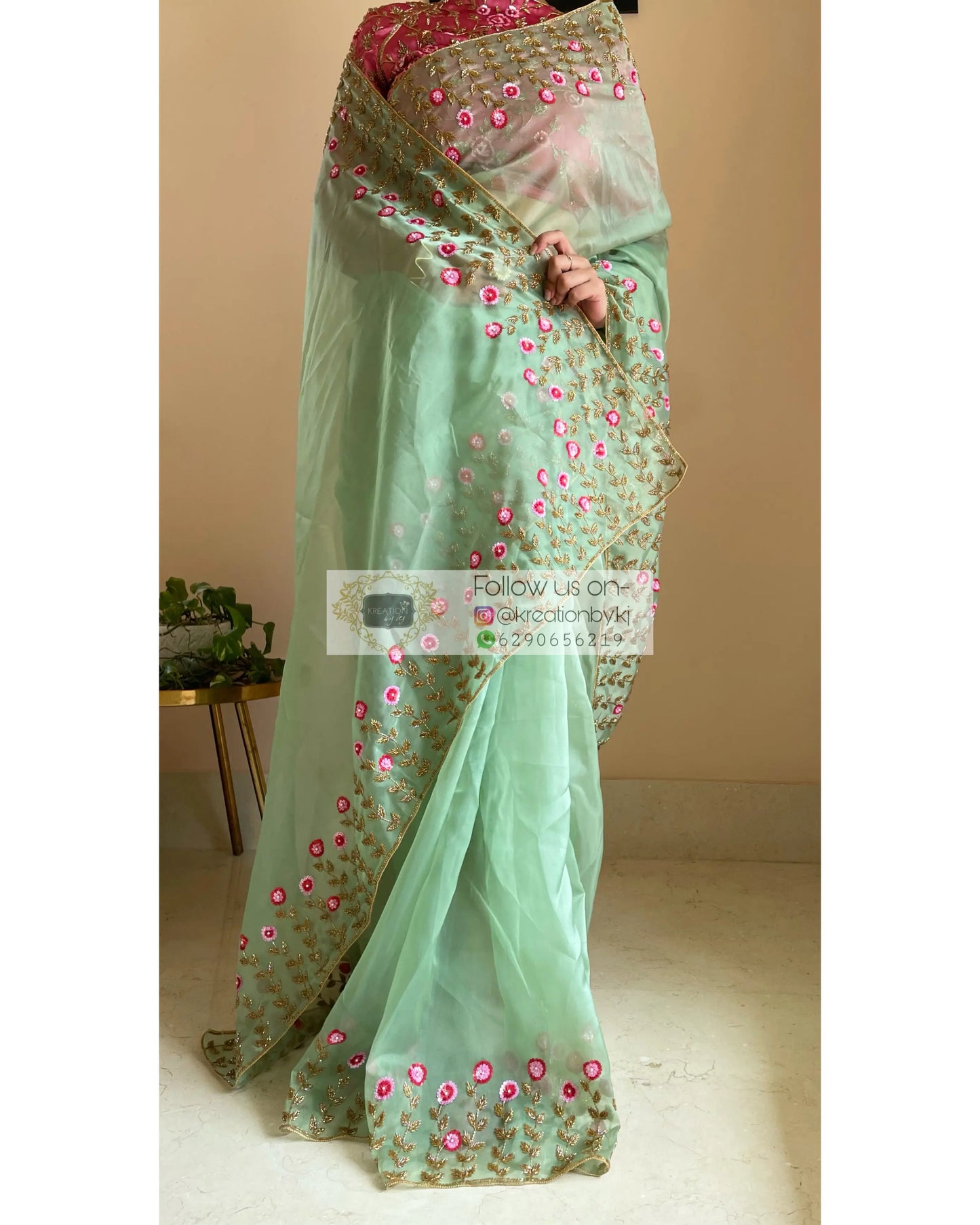 Blooming Daisies Mint Organza Saree - kreationbykj