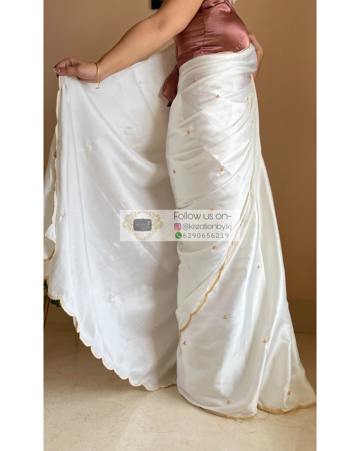 Cream Satin Silk Saree with Handembroidered Scalloping - kreationbykj