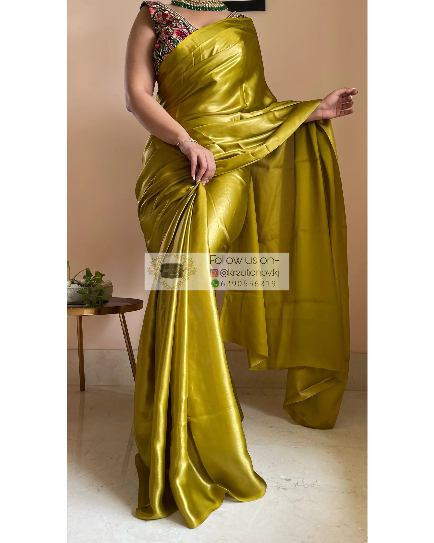 Mehendi Green Shimmer Satin Saree - kreationbykj