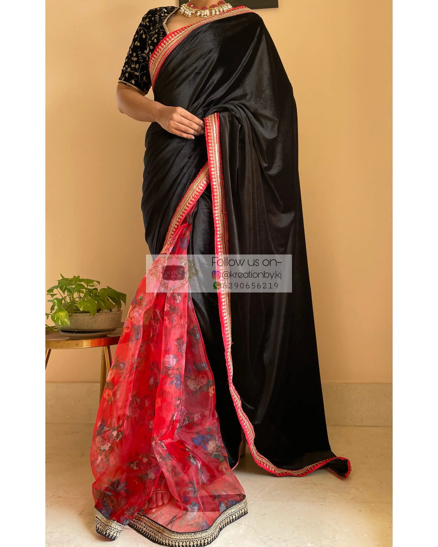 Black Floral Organza Velvet Saree - kreationbykj