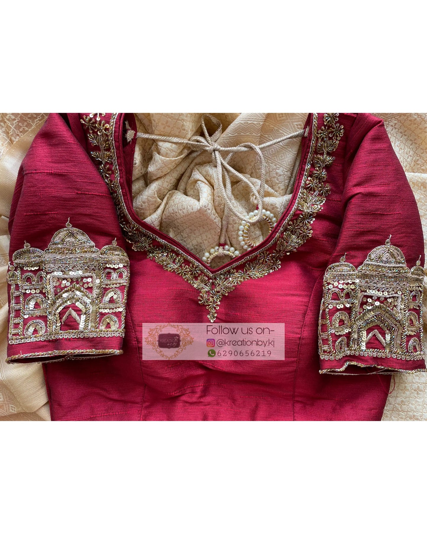 Cream Satin Silk Taj Mahal Saree - kreationbykj