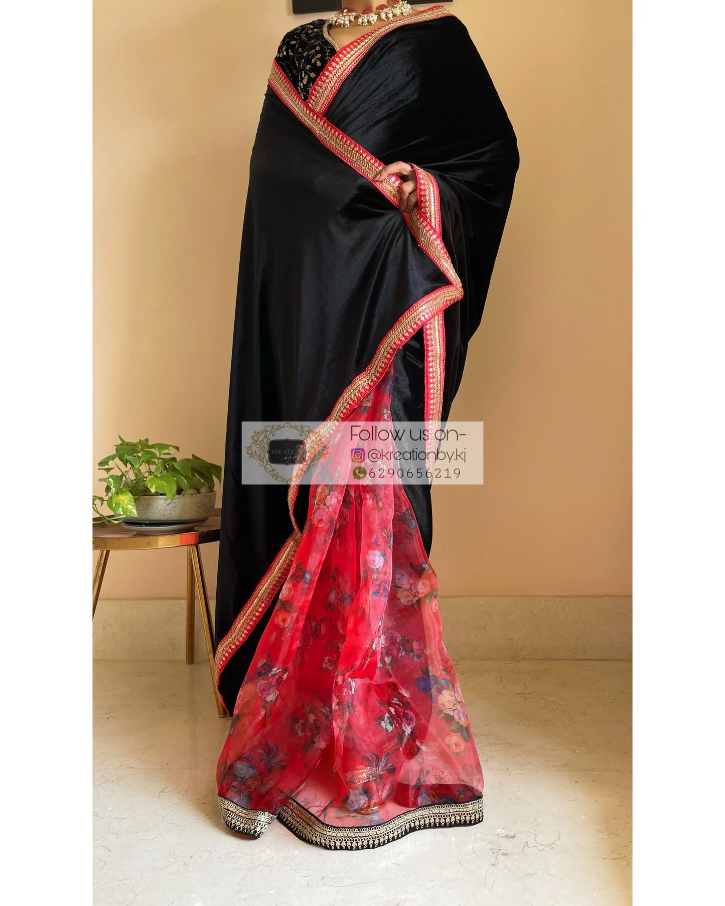 Black Floral Organza Velvet Saree - kreationbykj