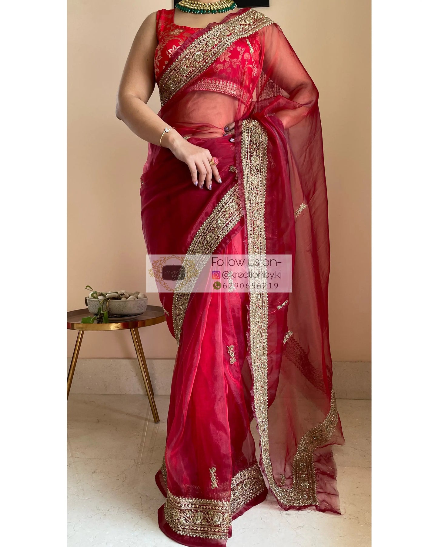 Red Glass Tissue Zarina Saree - kreationbykj