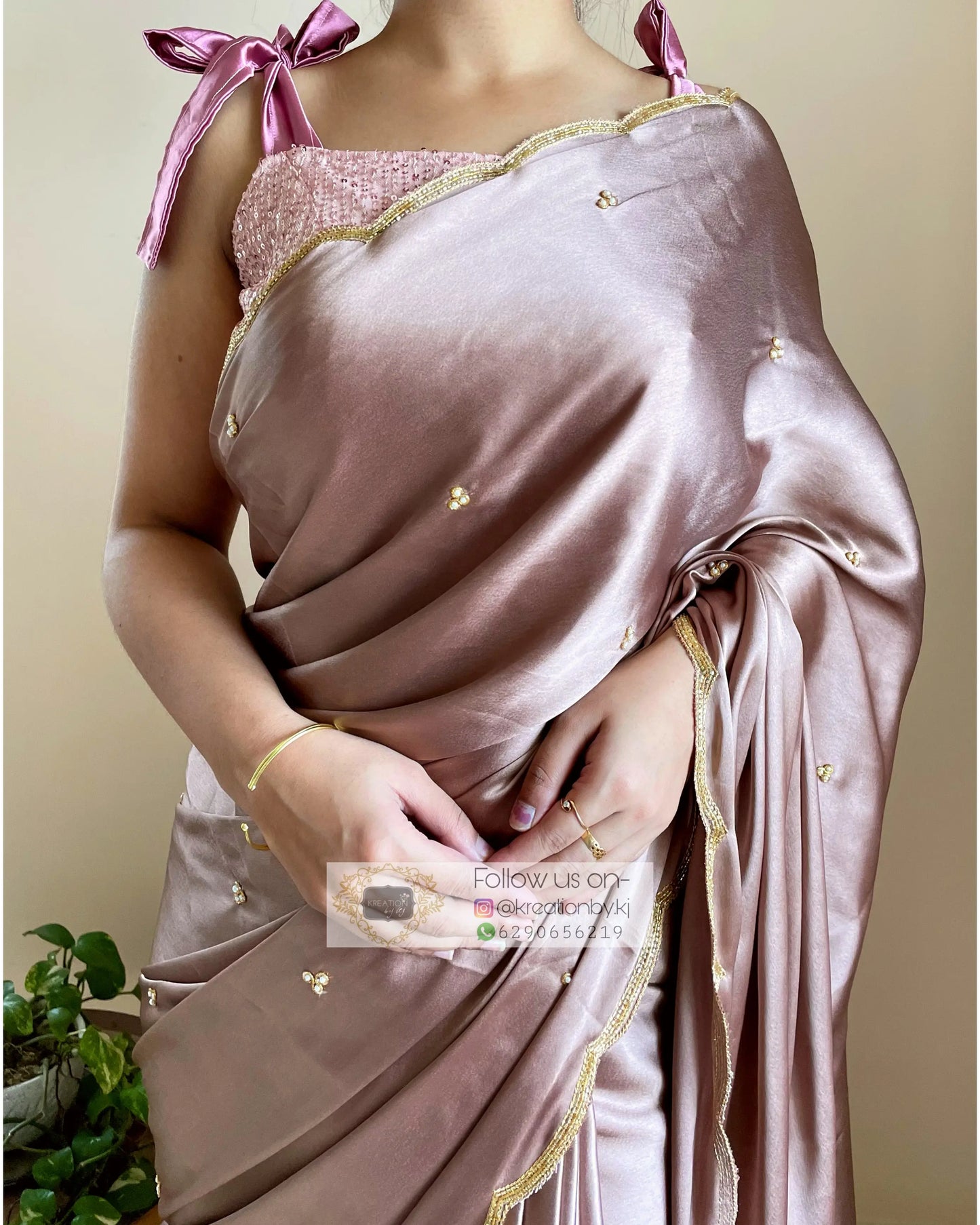 Lilac Satin Silk Saree With Handembroidered Scalloping - kreationbykj