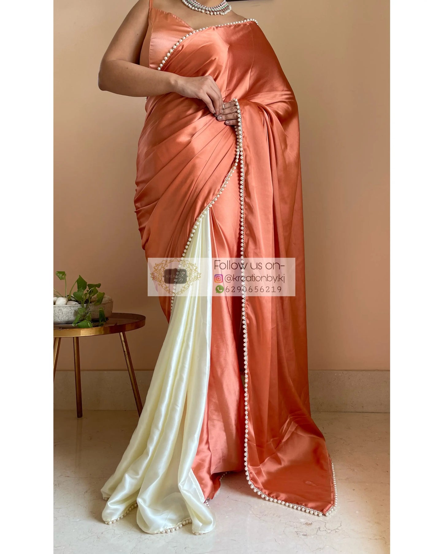 Peach Milk Two in One Satin Saree - kreationbykj
